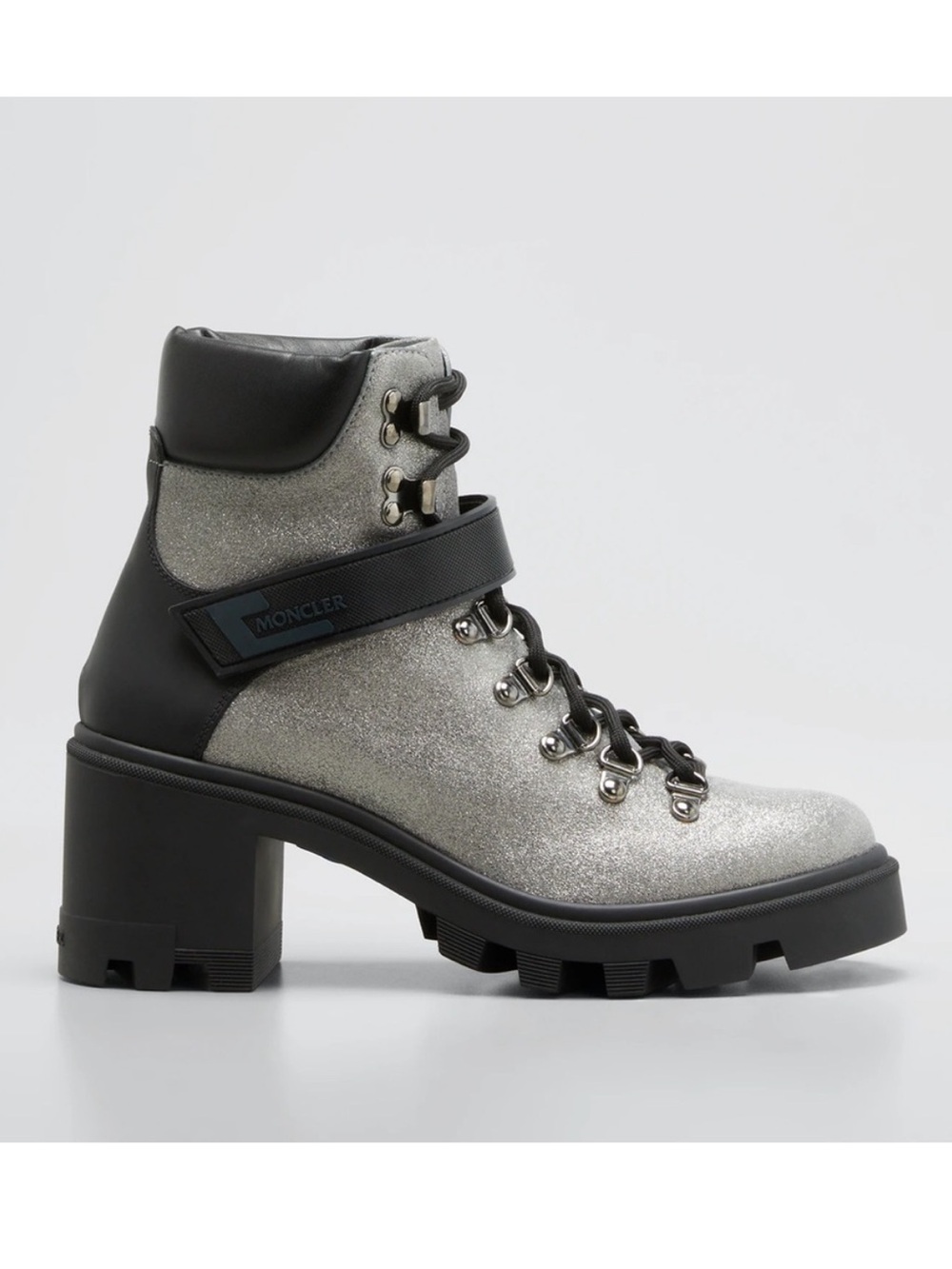 Moncler Women's Carol Silver Glitter Lace-Up Chunky Heel Hiking Boots. Size 38